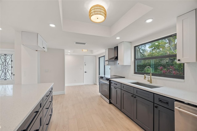 kitchen with white cabinetry, sink, wall chimney range hood, and appliances with stainless steel finishes