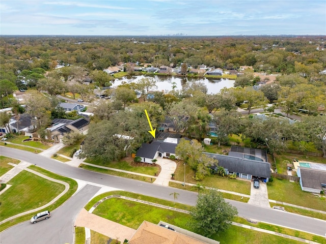 drone / aerial view with a water view