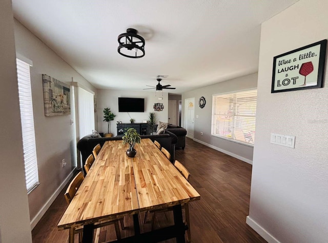 dining space featuring ceiling fan and dark hardwood / wood-style flooring