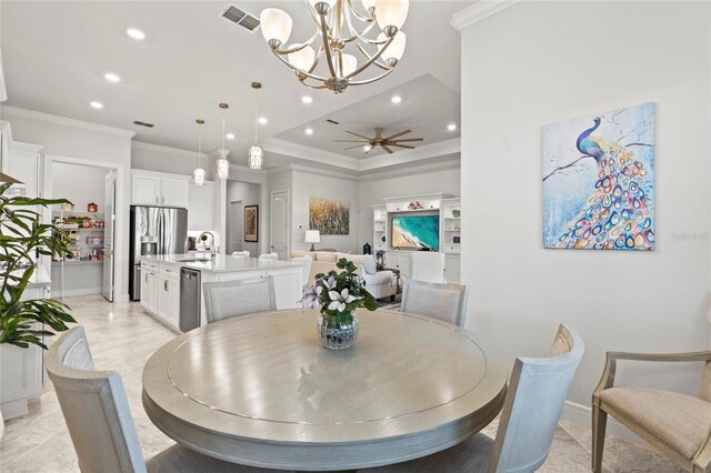 dining room featuring a ceiling fan, recessed lighting, visible vents, and crown molding