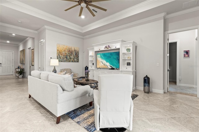 living room with a ceiling fan, baseboards, visible vents, and crown molding