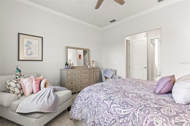 carpeted bedroom featuring visible vents, crown molding, and ceiling fan