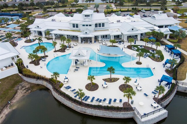 aerial view featuring a water view