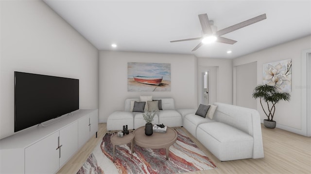 living room featuring ceiling fan and light wood-type flooring