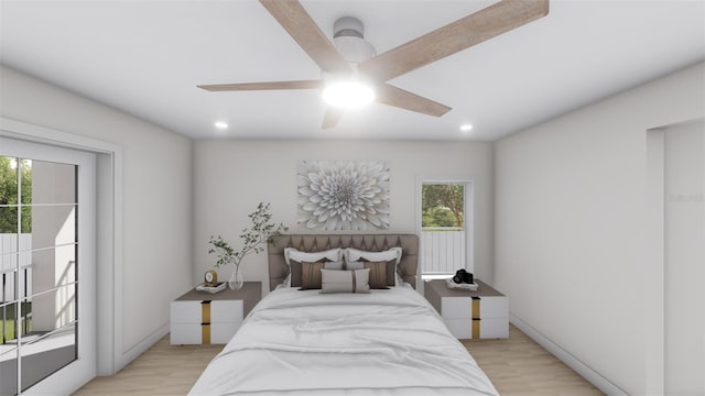 bedroom with light wood-type flooring and ceiling fan