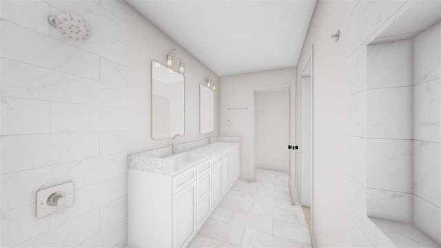 bathroom with tile walls and vanity