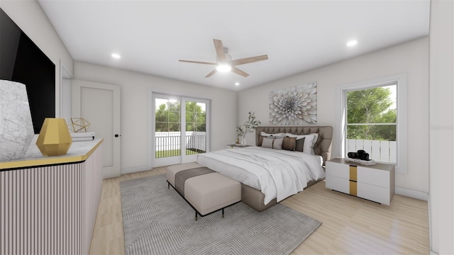 bedroom with ceiling fan, light hardwood / wood-style flooring, and access to exterior