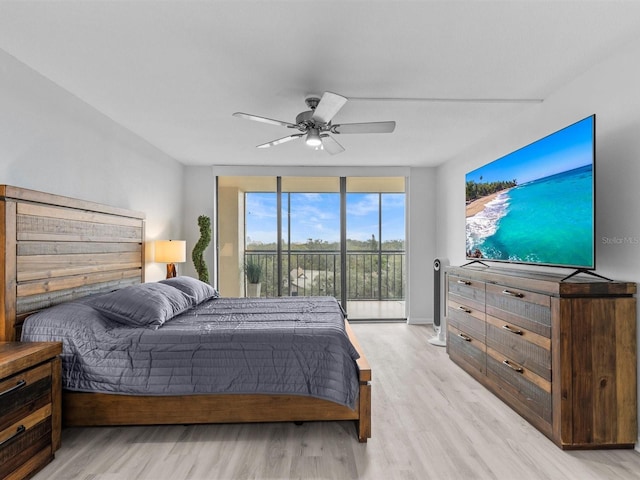 bedroom featuring ceiling fan, access to exterior, and light hardwood / wood-style floors