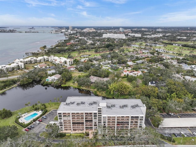 drone / aerial view featuring a water view