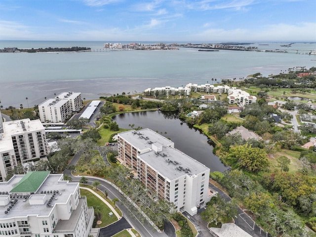 drone / aerial view with a water view