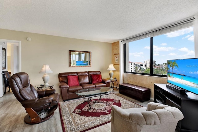 living room with a textured ceiling and light hardwood / wood-style floors