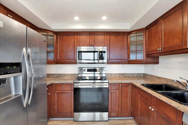 kitchen with sink, stainless steel appliances, a raised ceiling, and light stone counters