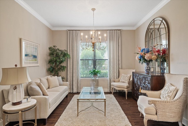 sitting room featuring an inviting chandelier, crown molding, and dark hardwood / wood-style floors