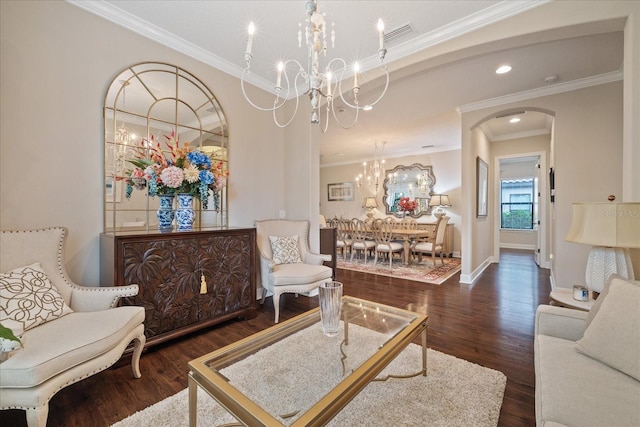 living room featuring a notable chandelier, crown molding, and dark wood-type flooring