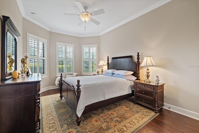 bedroom featuring ceiling fan, dark hardwood / wood-style flooring, and crown molding