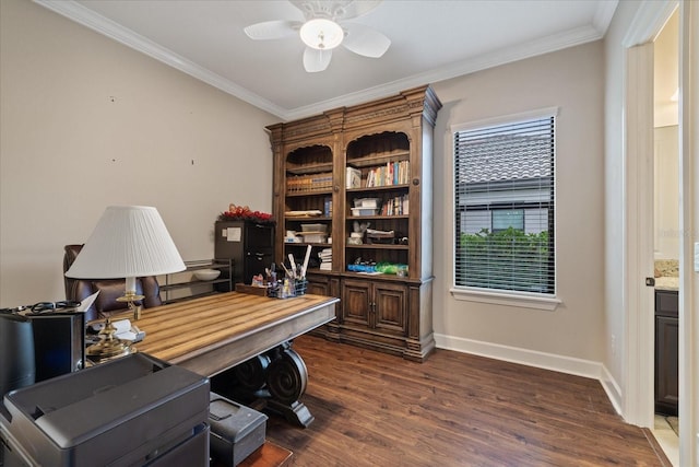 office featuring a healthy amount of sunlight, crown molding, and dark hardwood / wood-style floors