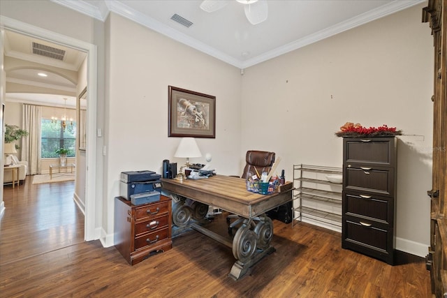 office area featuring ornamental molding, dark hardwood / wood-style flooring, and ceiling fan with notable chandelier