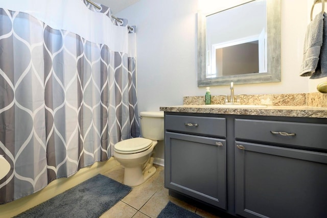 bathroom with walk in shower, vanity, tile patterned floors, and toilet