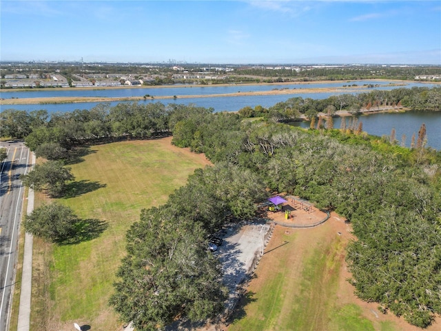 bird's eye view with a water view