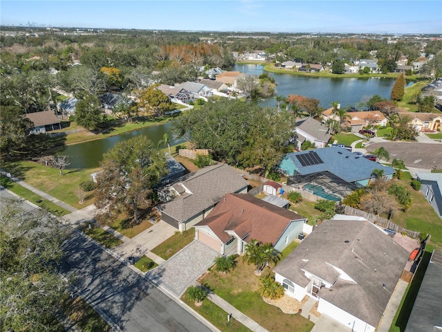 drone / aerial view featuring a water view