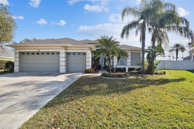 single story home featuring a front yard and a garage