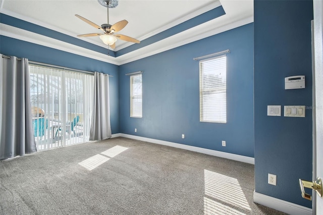 unfurnished room with ceiling fan, crown molding, a raised ceiling, and carpet