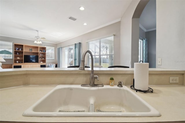 interior details featuring sink, ornamental molding, and ceiling fan