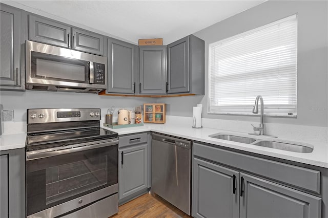 kitchen with sink, gray cabinetry, stainless steel appliances, and light wood-type flooring