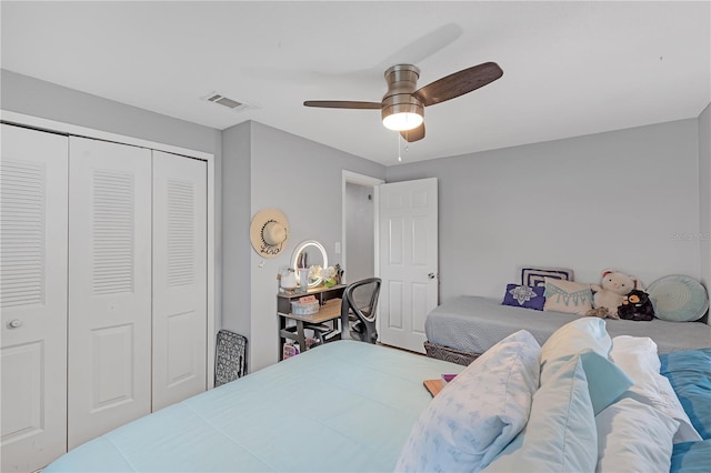 bedroom with ceiling fan and a closet