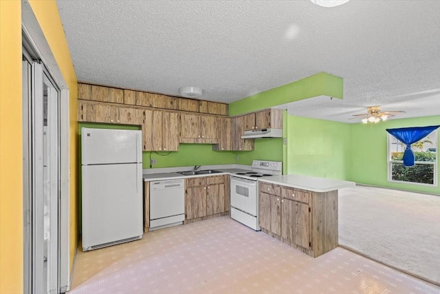 kitchen with sink, white appliances, kitchen peninsula, wood walls, and light colored carpet