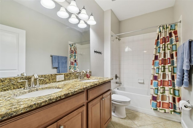 full bathroom featuring toilet, vanity, tile patterned flooring, and shower / bathtub combination with curtain