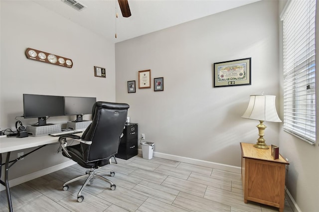 office area with ceiling fan