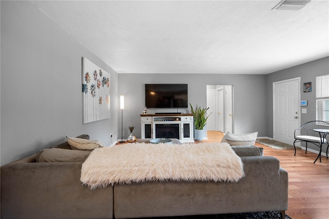 living room with a textured ceiling and light hardwood / wood-style floors