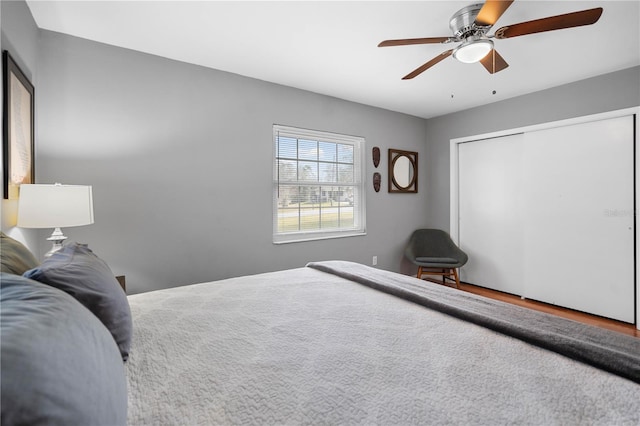 bedroom with ceiling fan, a closet, and wood-type flooring