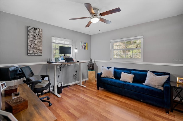 office space with ceiling fan, light wood-type flooring, and a wealth of natural light