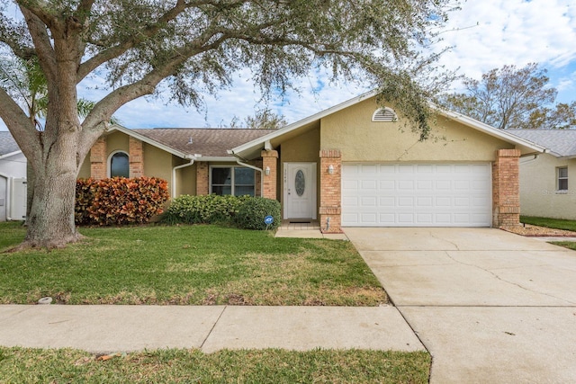 ranch-style home featuring a front lawn and a garage