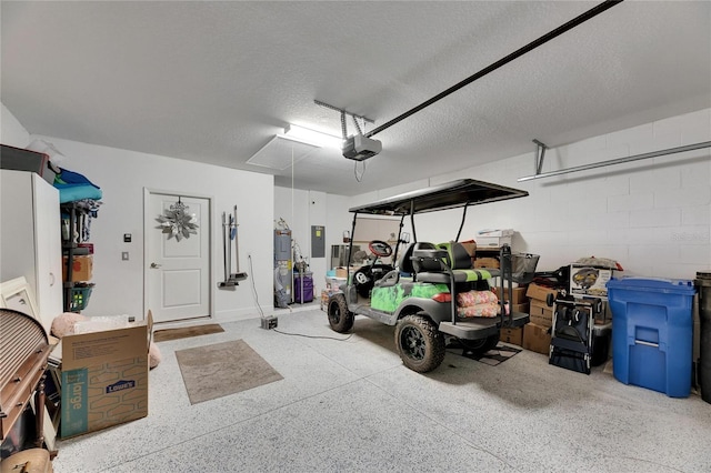 garage with water heater, a garage door opener, and electric panel