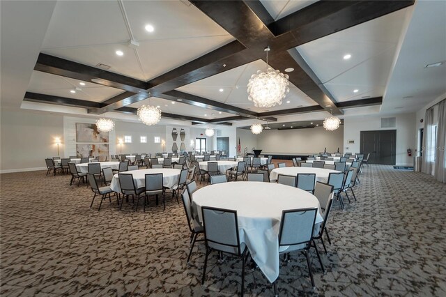 carpeted dining area with coffered ceiling, beamed ceiling, and a chandelier