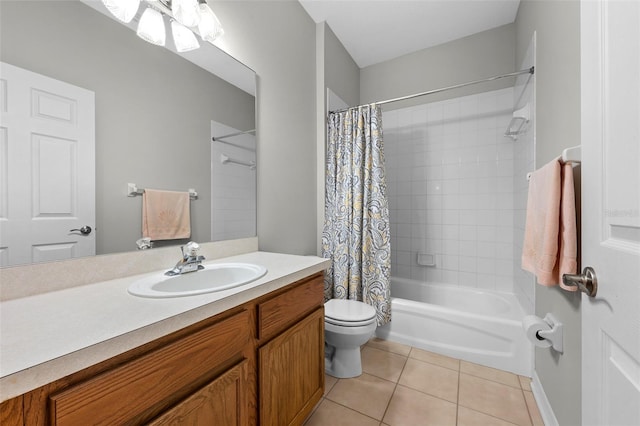 full bathroom featuring toilet, tile patterned flooring, shower / bathtub combination with curtain, and vanity