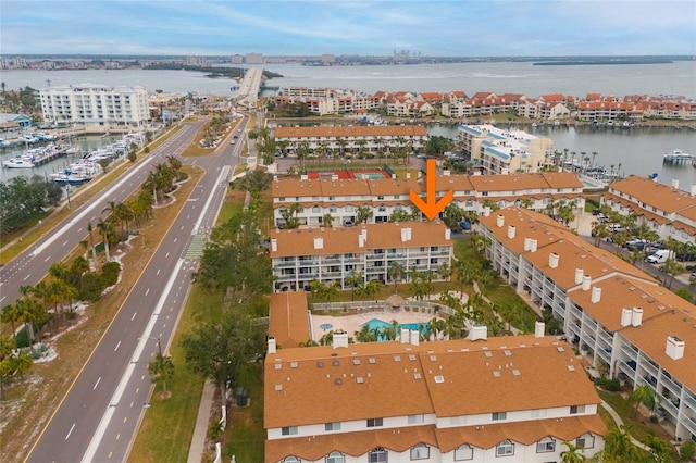 aerial view featuring a water view