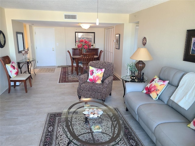 living room featuring a textured ceiling