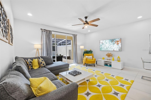 tiled living room with ceiling fan