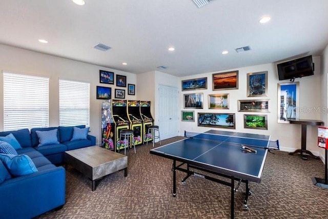 game room featuring dark carpet