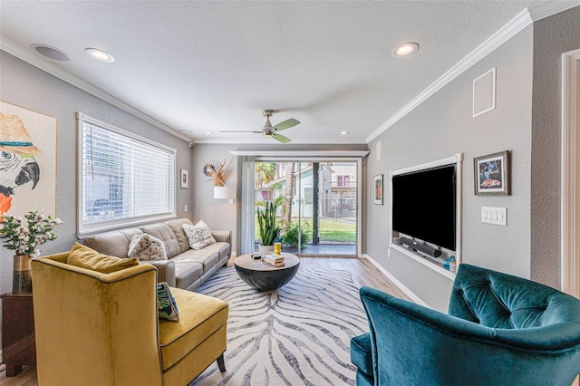 living room with a textured ceiling, light wood-type flooring, ceiling fan, and ornamental molding