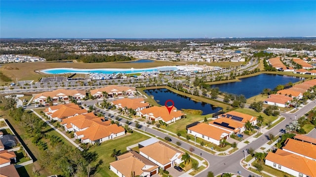 aerial view featuring a water view