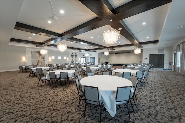 dining room featuring coffered ceiling, an inviting chandelier, and dark colored carpet