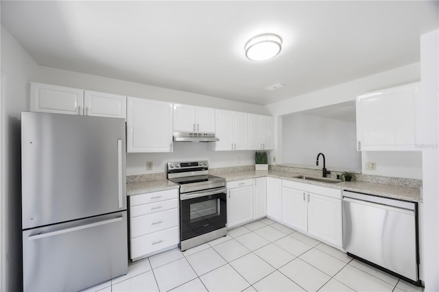 kitchen with sink, white cabinetry, light tile patterned floors, and appliances with stainless steel finishes