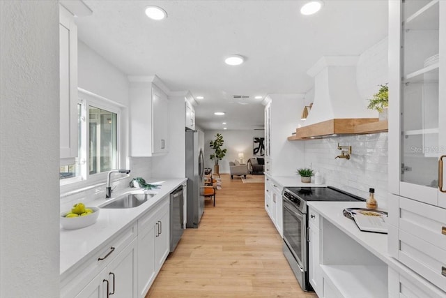 kitchen featuring sink, white cabinets, custom range hood, tasteful backsplash, and appliances with stainless steel finishes