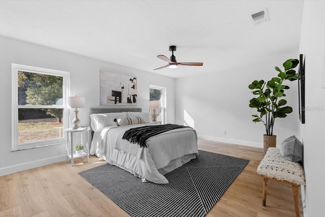 bedroom featuring ceiling fan and light wood-type flooring