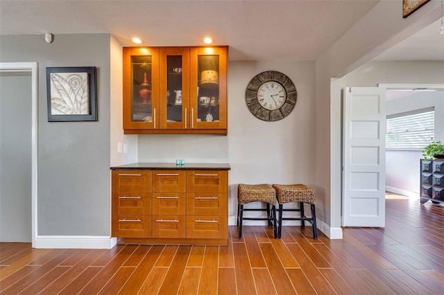 bar with dark hardwood / wood-style floors